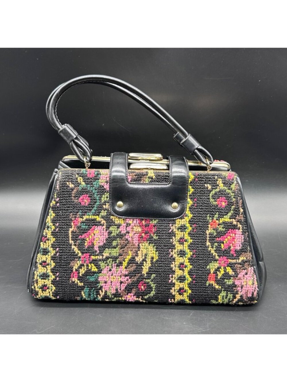 Vintage Tapestry Carpet Bag Purse Handbag 1960s Floral Dual Handles Pink Black - Picture 3 of 12